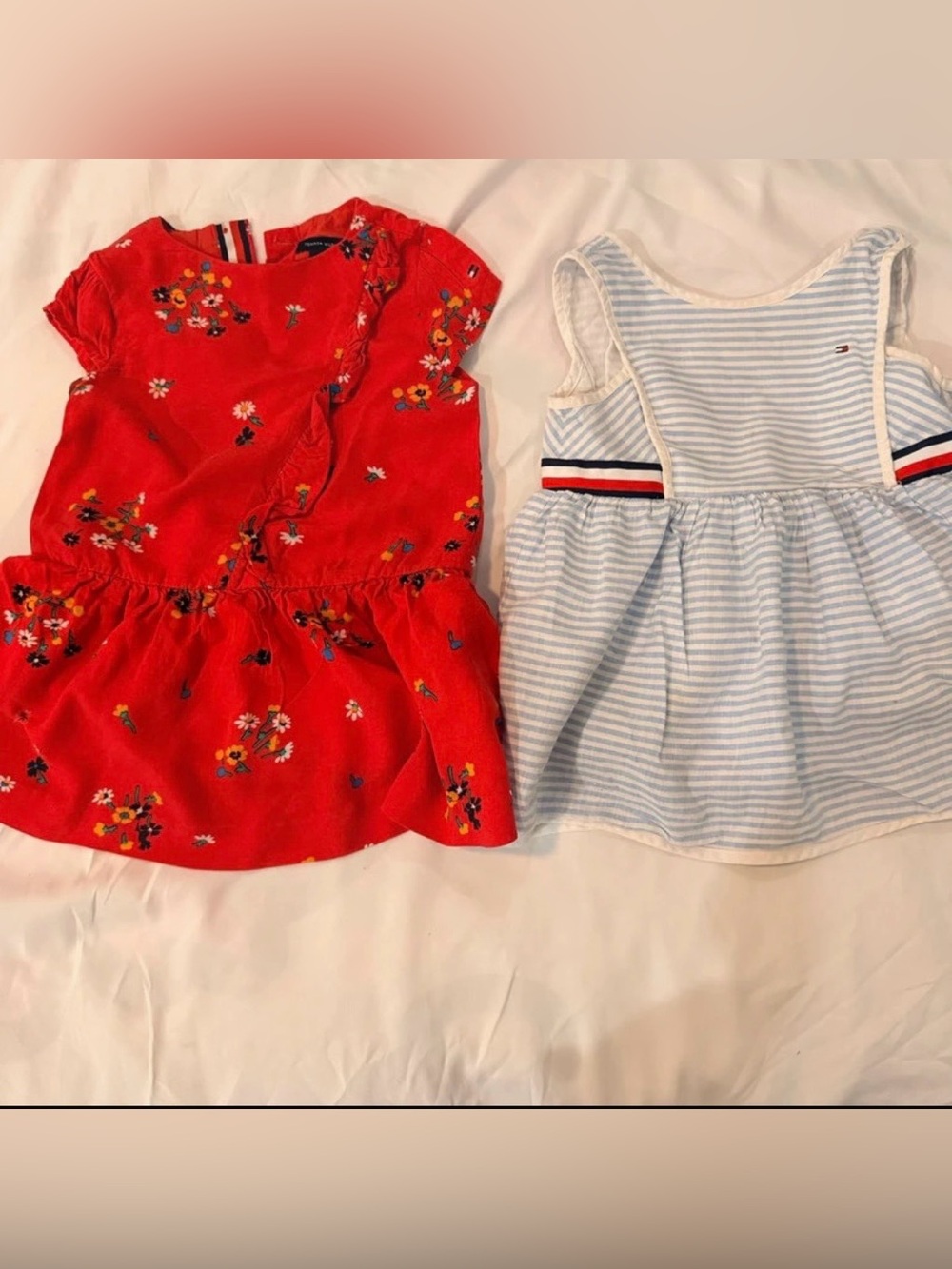 Tommy Hilfiger Girls Red Floral Peplum Top & Blue Stripe dress bundle